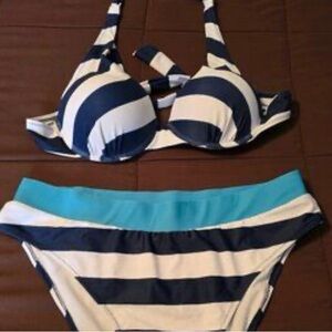 Cupshe navy blue and white striped high waist bathing suit large
